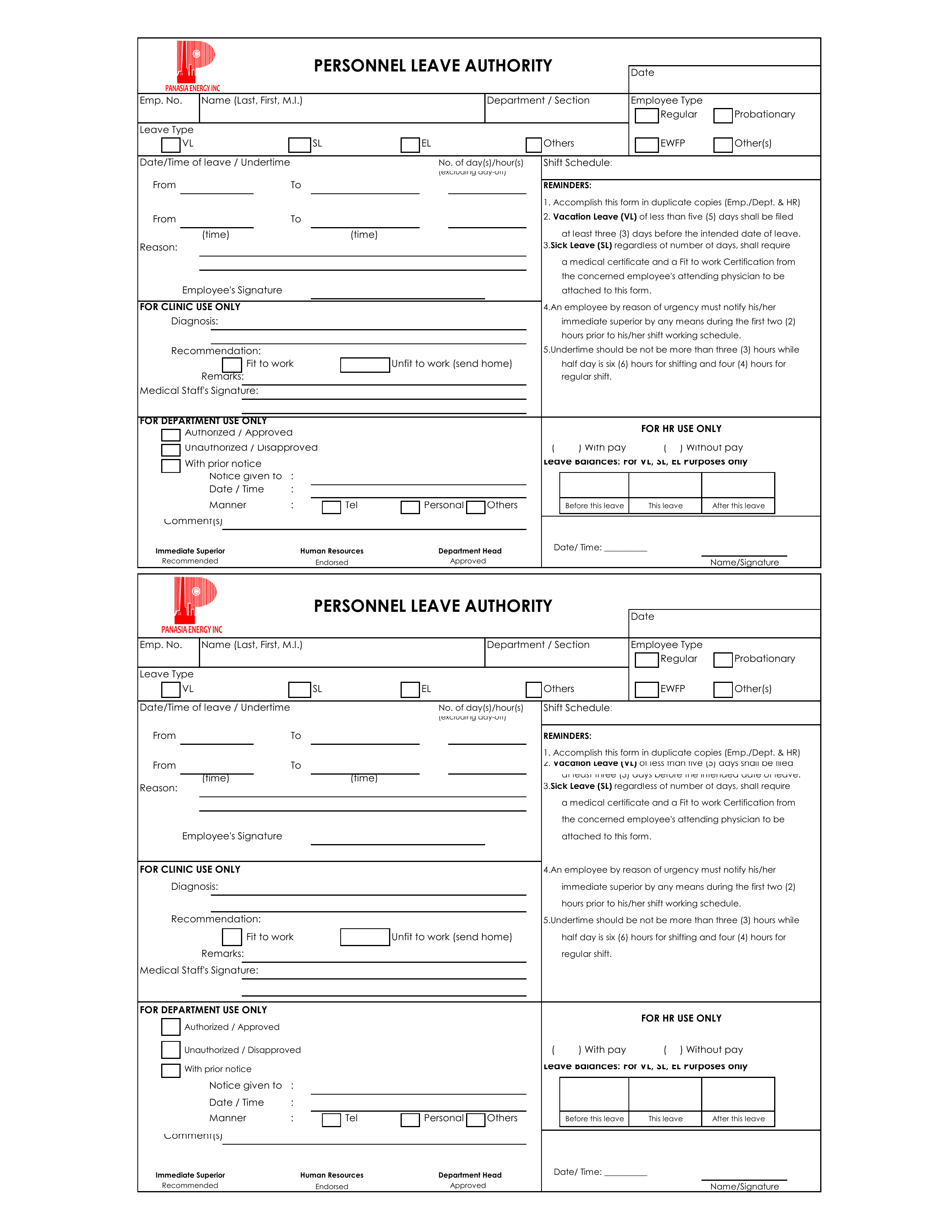 Two copies of the Panasia Personnel Leave Authority form